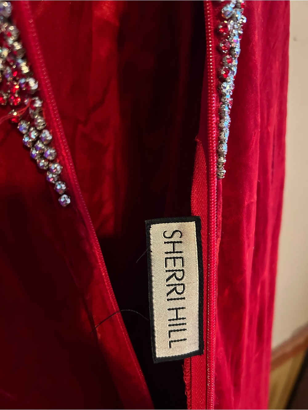 Sherri Hill Red Velvet Mermaid Gown Beaded Cap Shoulders prom pageant formal - Picture 7 of 8